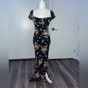 Stradivarius Black Maxi Dress with Yellow Floral Print